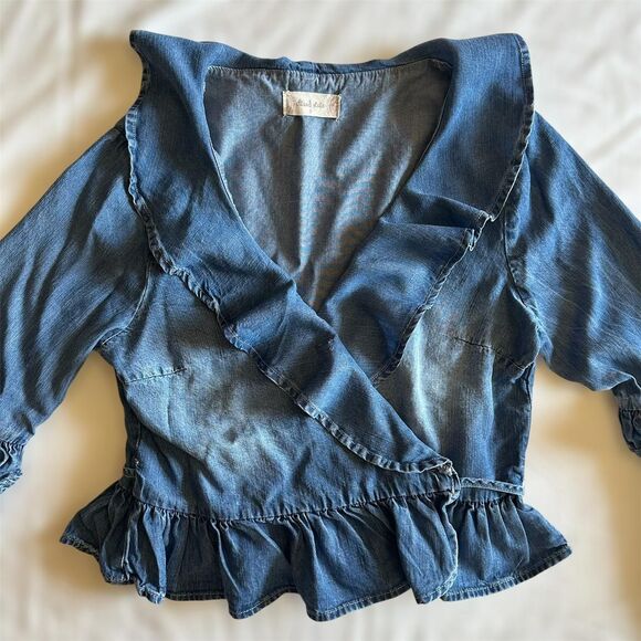 Altar'd State Blue Distressed Denim Crop Wrap Top W/ Bell Sleeves & Ruffles Sz S - Picture 1 of 4